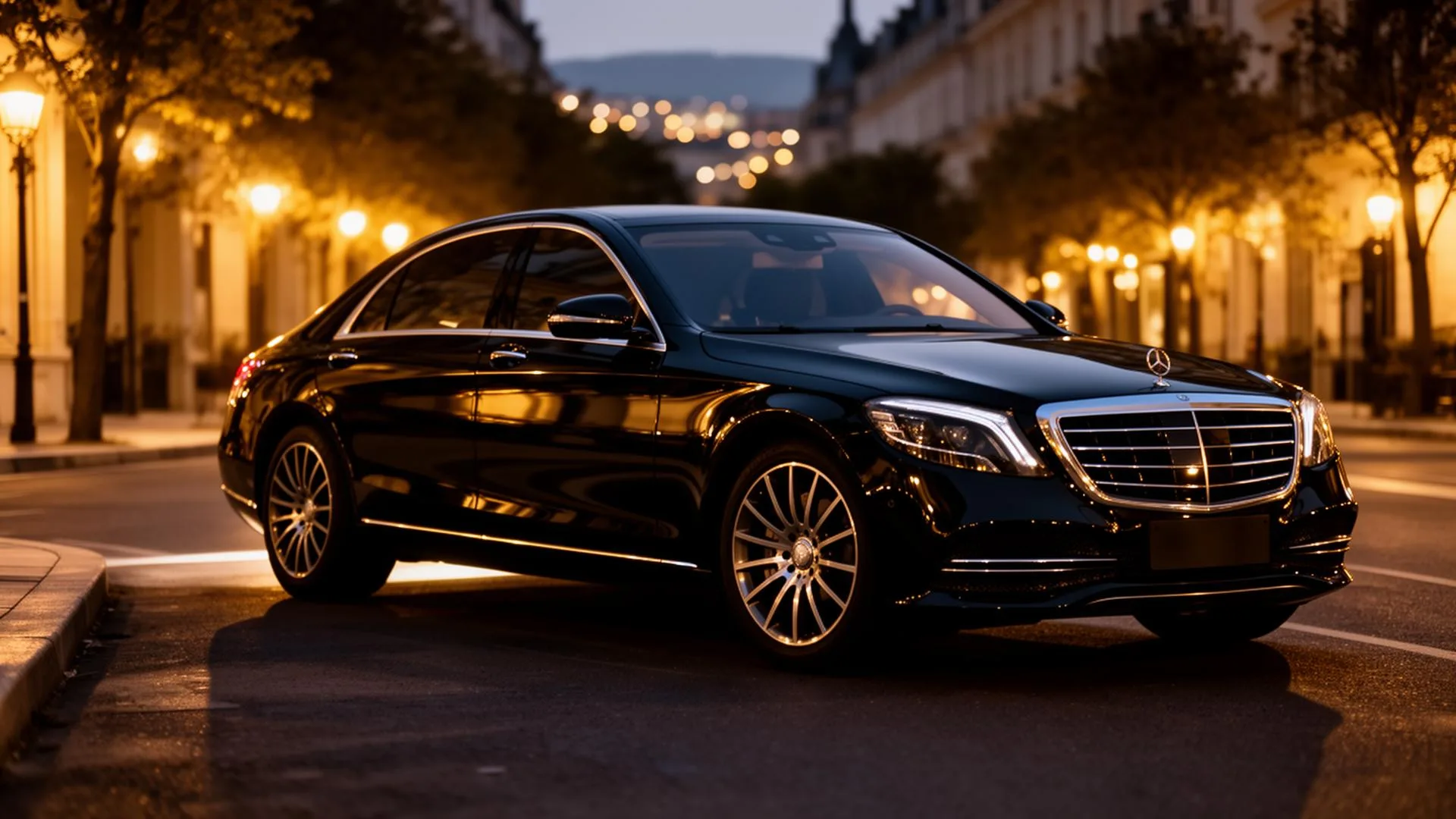Luxury black Mercedes sedan at dusk